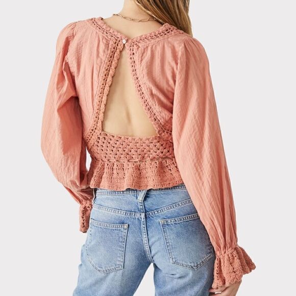 NWT Free People Megan crochet coral sand top L - Picture 2 of 15